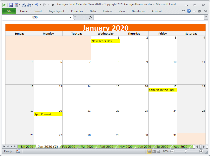 2020 Excel calendar year template