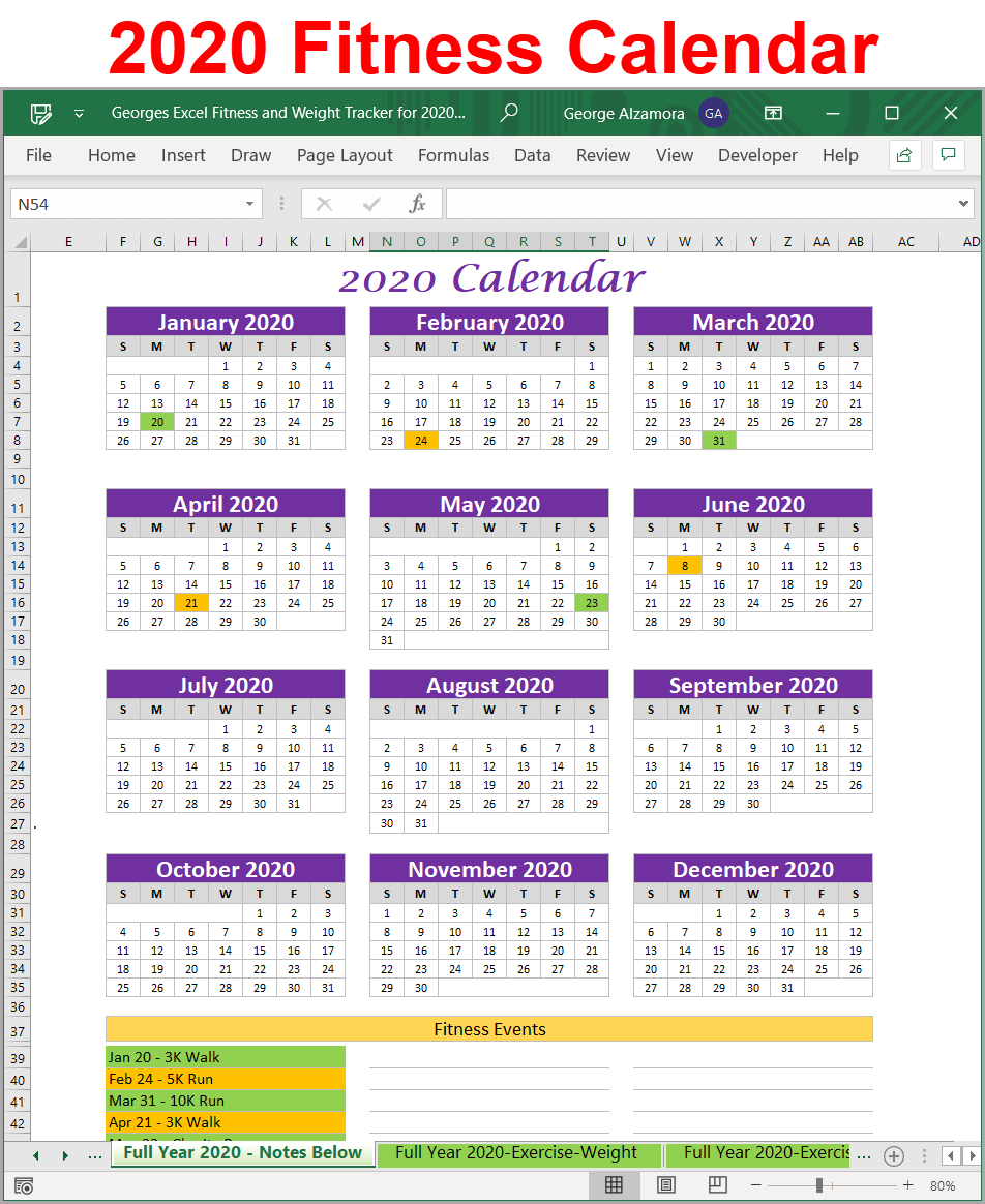 Exercise 2020 Calendar Schedule Excel Spreadsheet