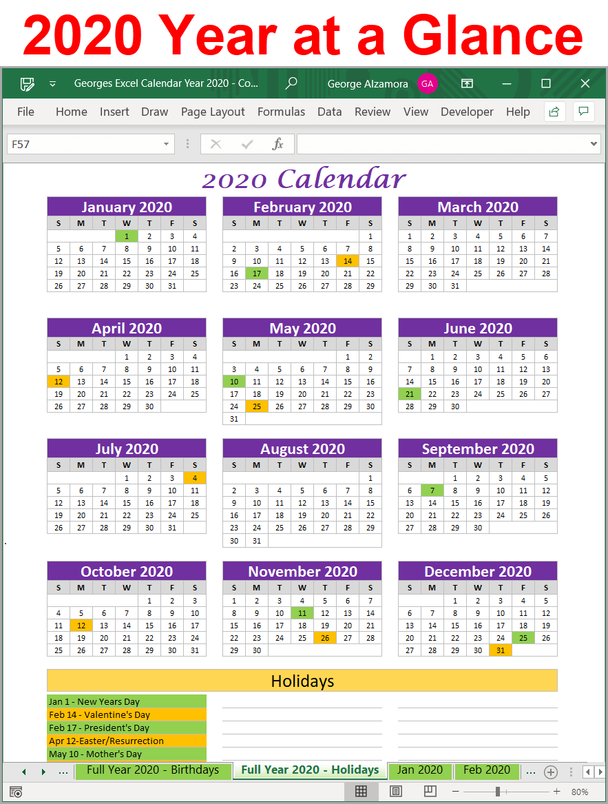 2020 holidays calendar excel template