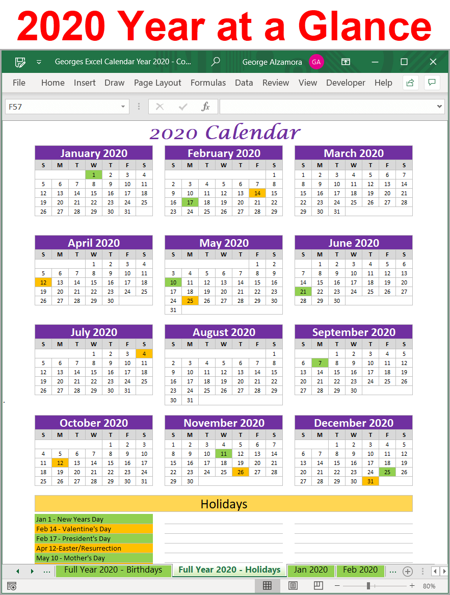 2020 Calendar Year in Excel Spreadsheet - Printable - Digital Download ...