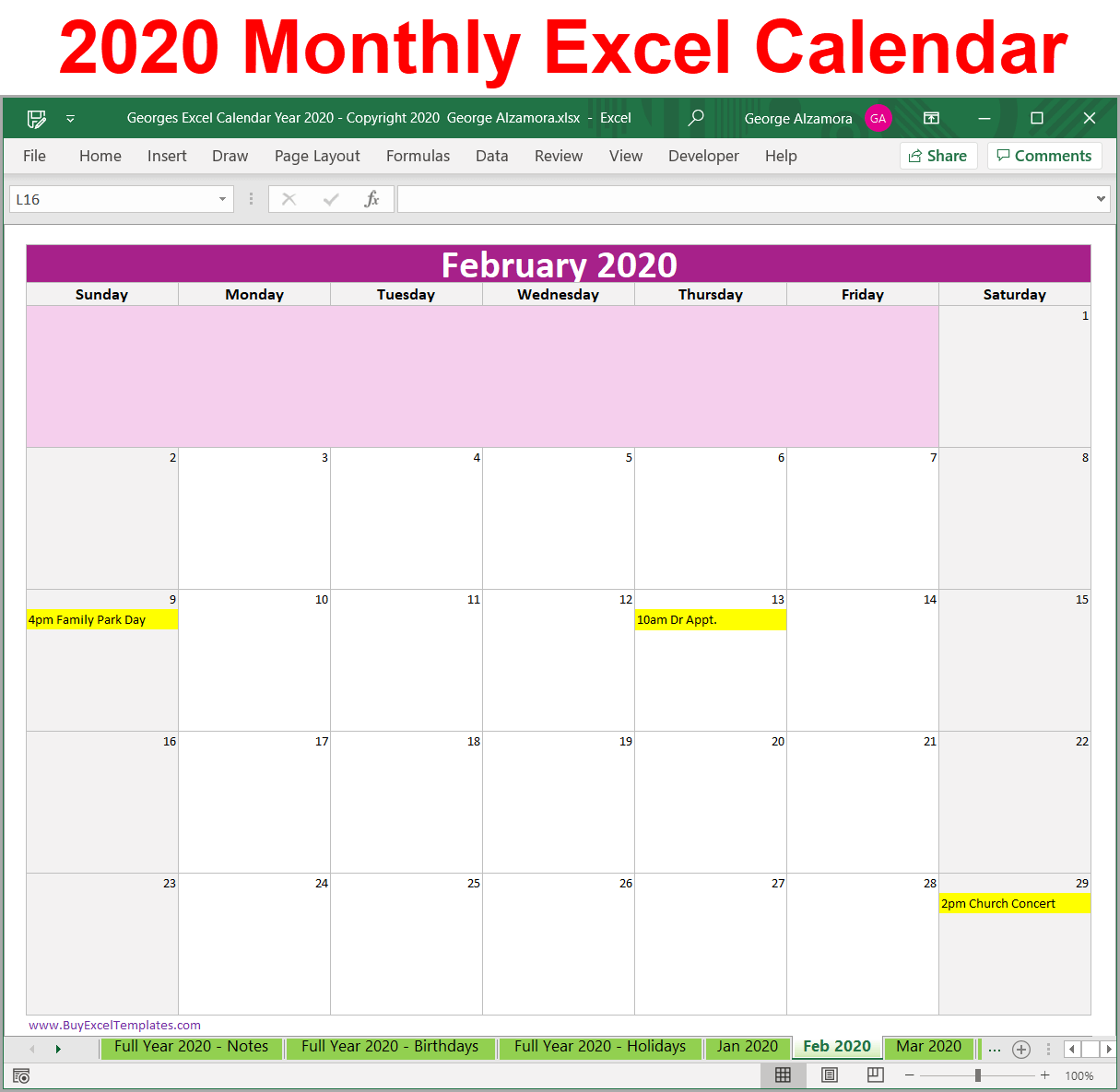 2020 monthly calendar Excel spreadsheet