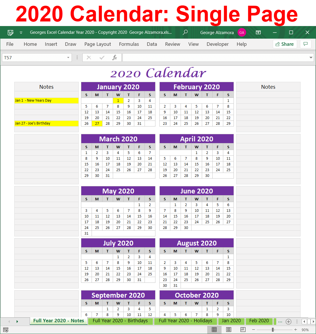 2020 year-at-a-glance Excel spreadsheet