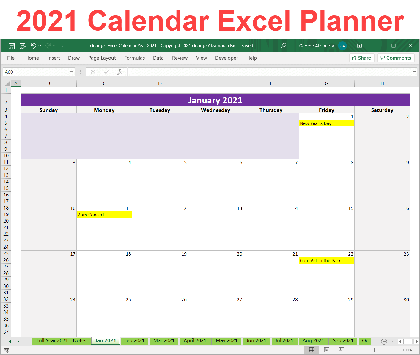 2021 Calendar Excel Planner Template
