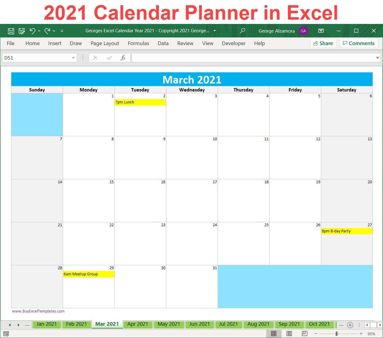 Year 2021 Excel Calendar Spreadsheet