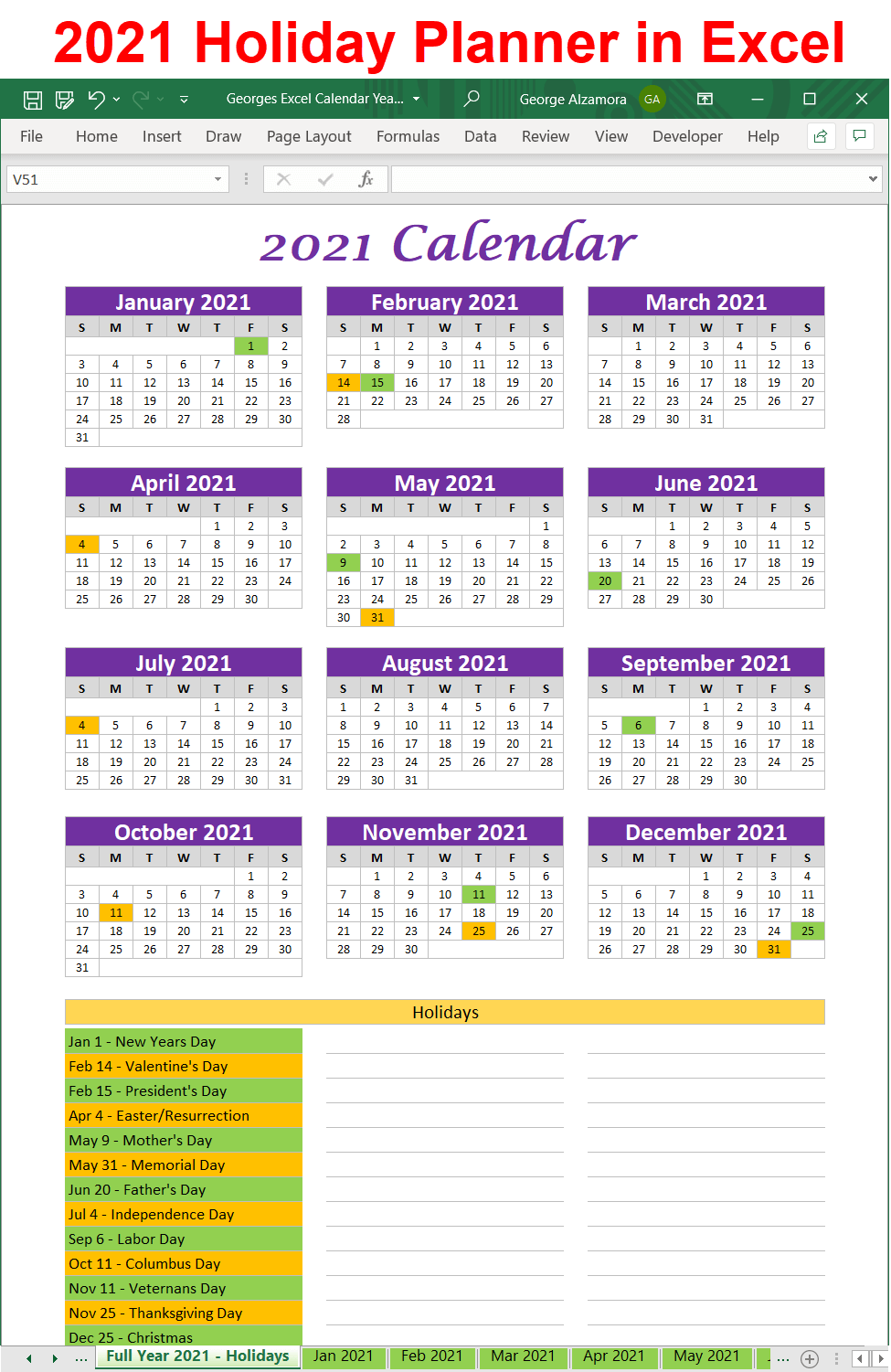 2021 Holidays Calendar Excel