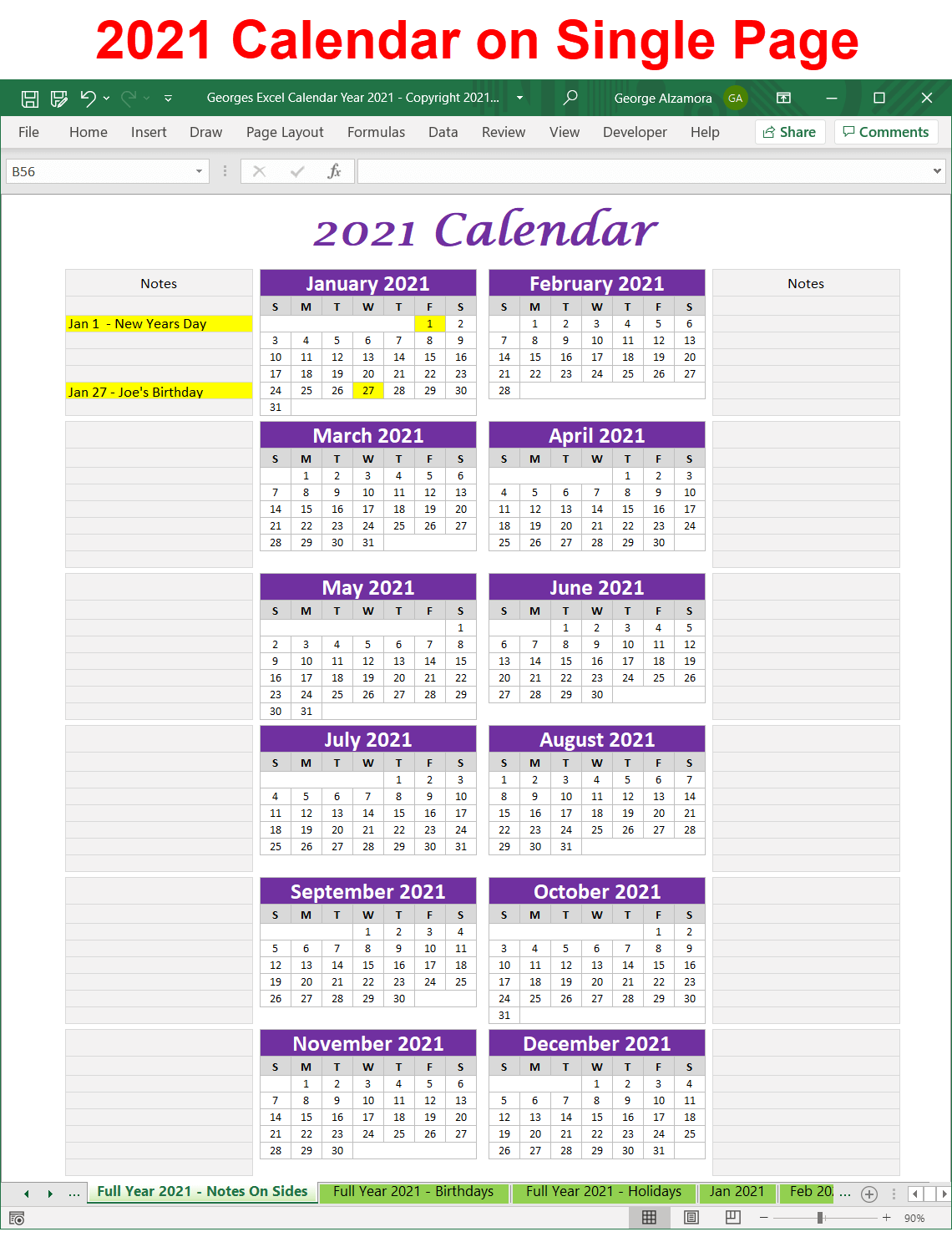 2021 Single Page Calendar Spreadsheet