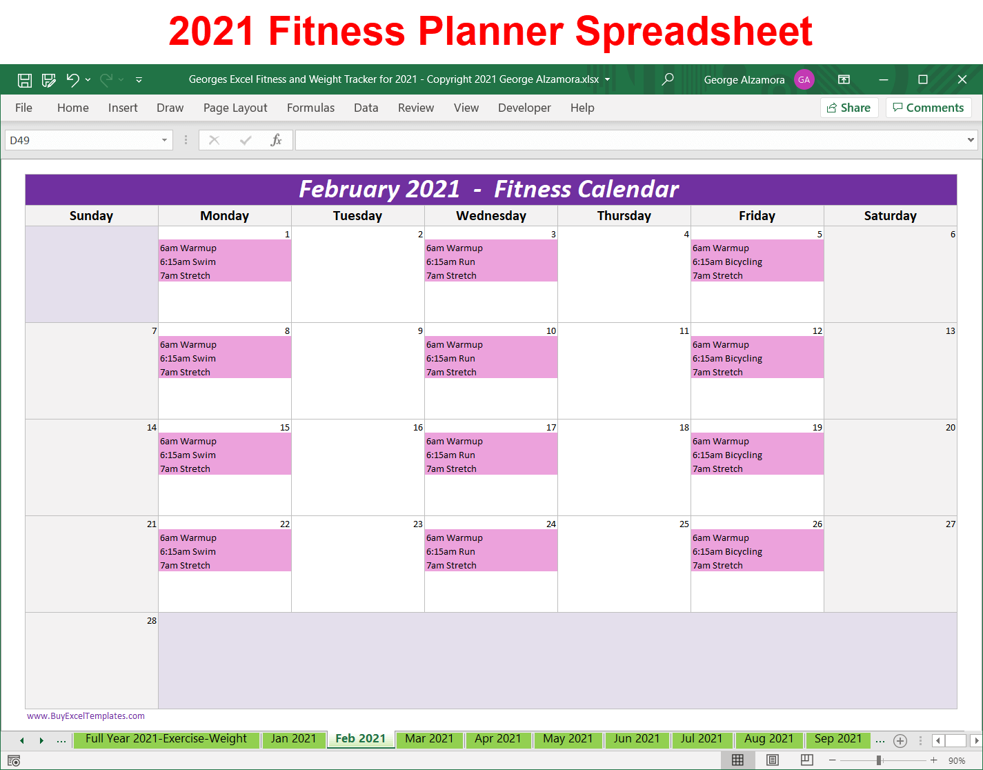 2021 workout monthly calendar spreadsheet