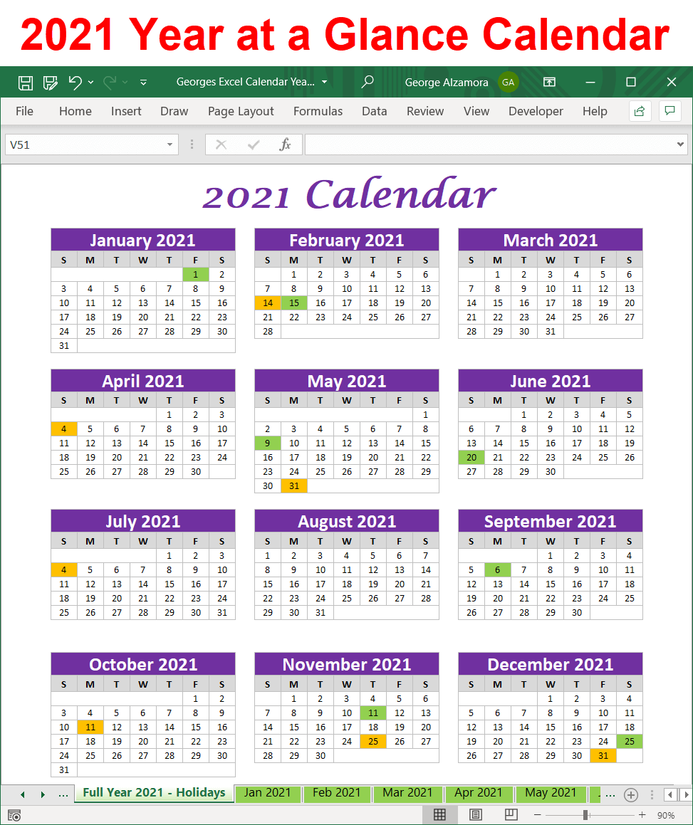 2021 year-at-a-glance calendar Excel