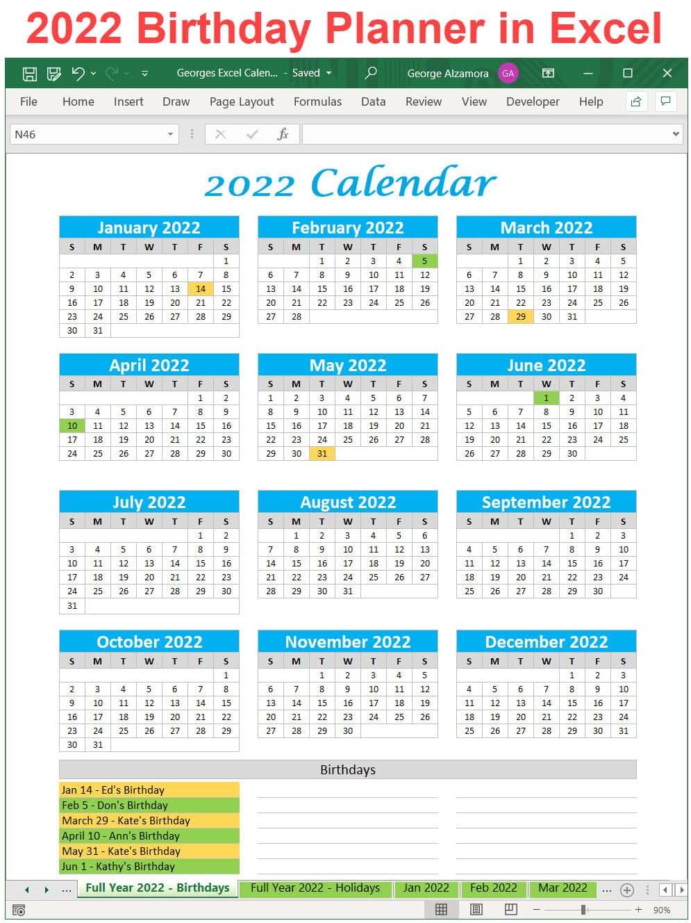 2022 calendar birthday planner Excel spreadsheet
