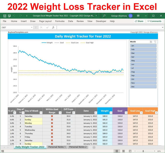 2022 daily weight tracker Excel templates