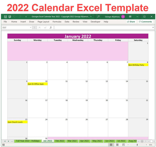 2022 Excel Calendar Spreadsheet