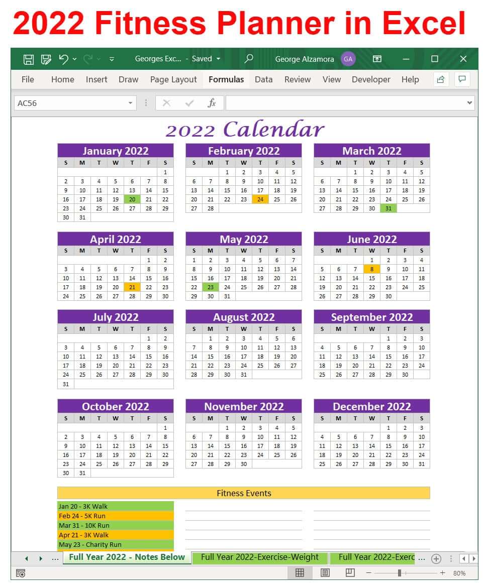 2022 exercise planner full year Excel templates printable