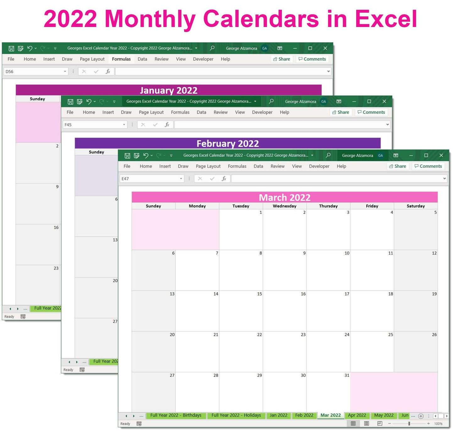 2022 monthly calendars Excel templates planners