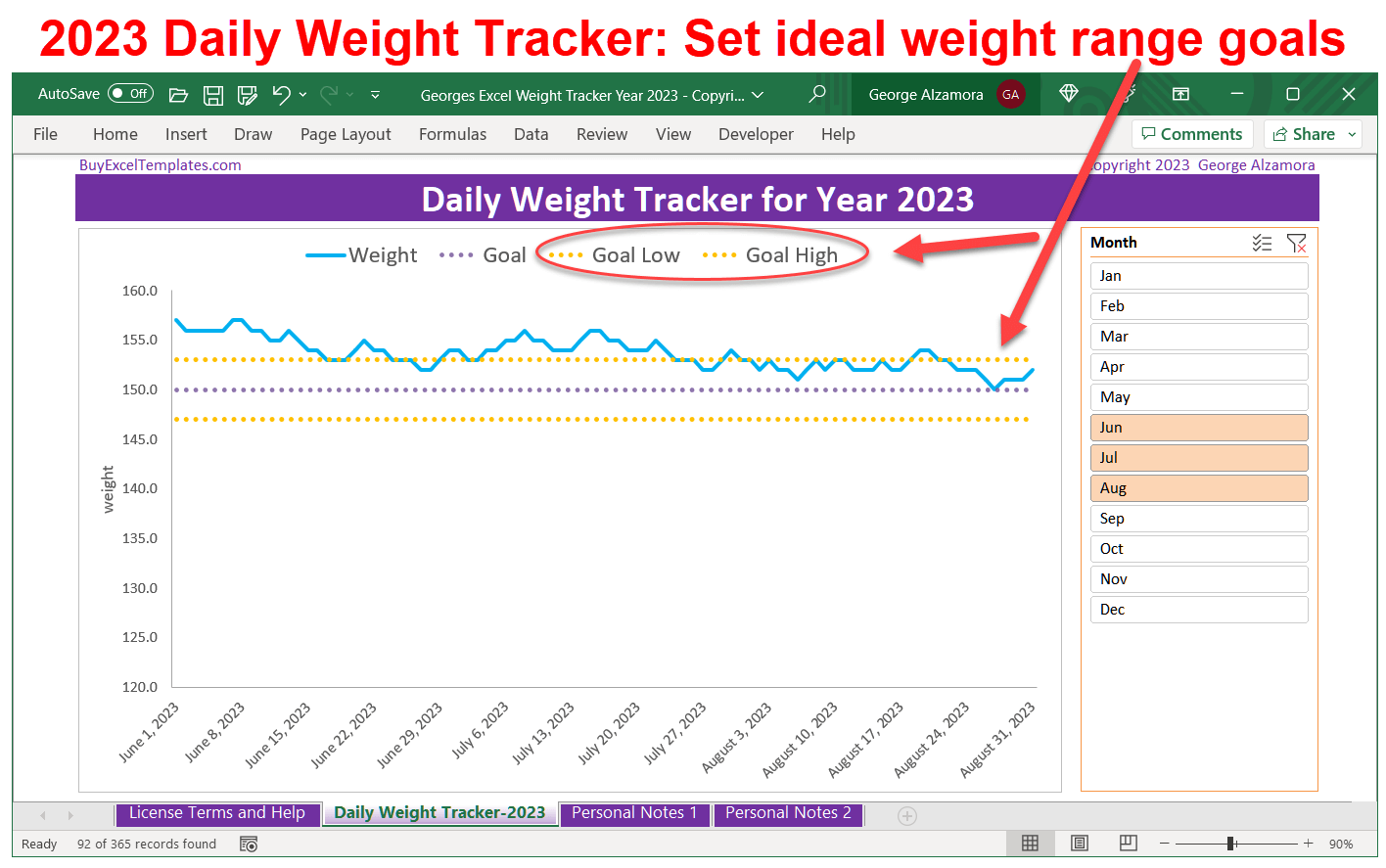 2023 Daily Weight Tracker Set Goals Spreadsheet