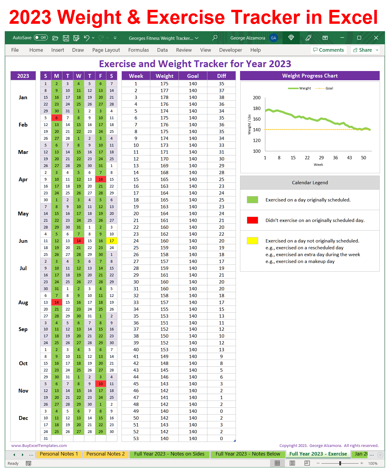 2023 Exercise Weight Loss Tracker In Excel