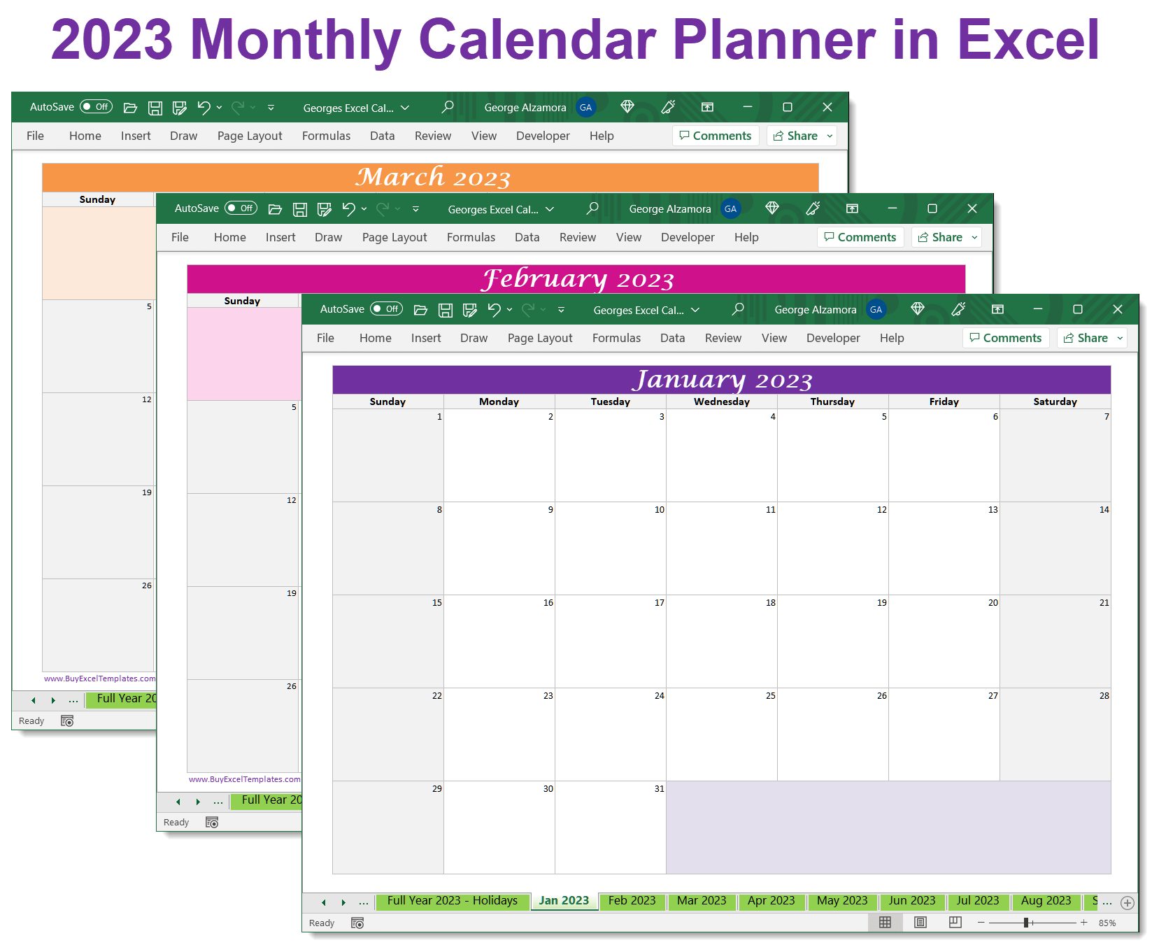 2023 Monthly Calendar Planner Spreadsheets