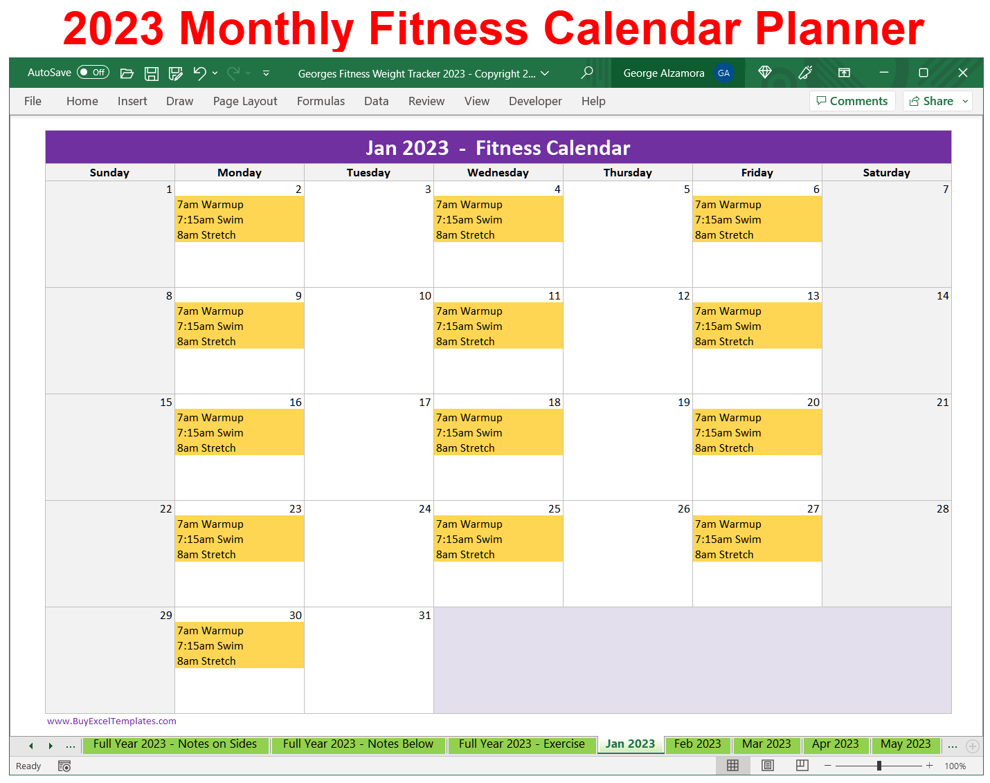 2023 Monthly Fitness Planner Spreadsheet