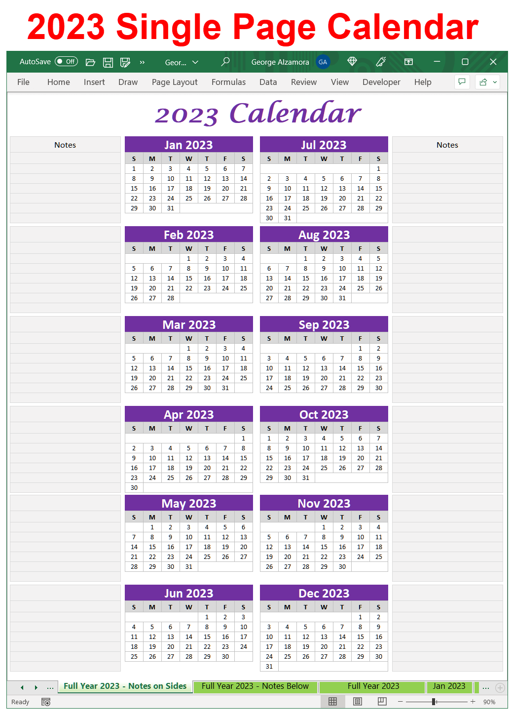 2023 Single Page Calendar Spreadsheet