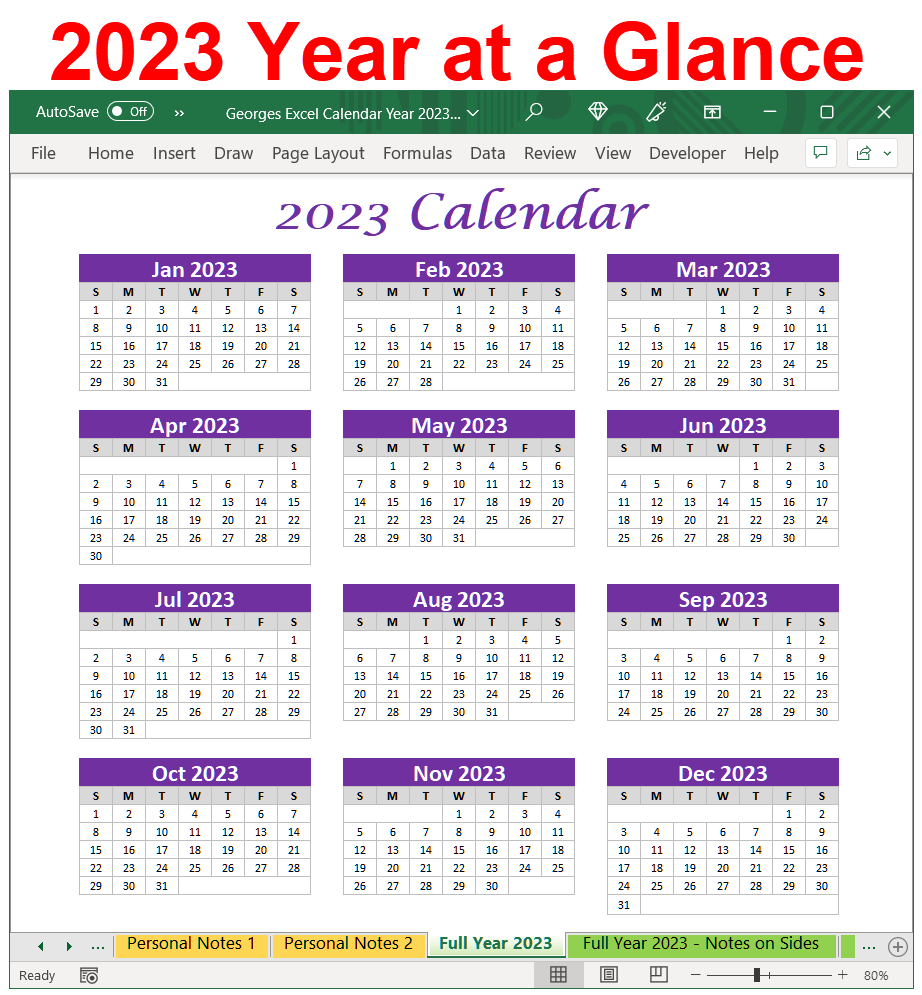 2023 Year At A Glance Calendar Spreadsheet