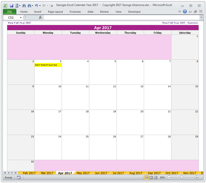 April 2017 Calendar - Monthly Yearly Excel Spreadsheet