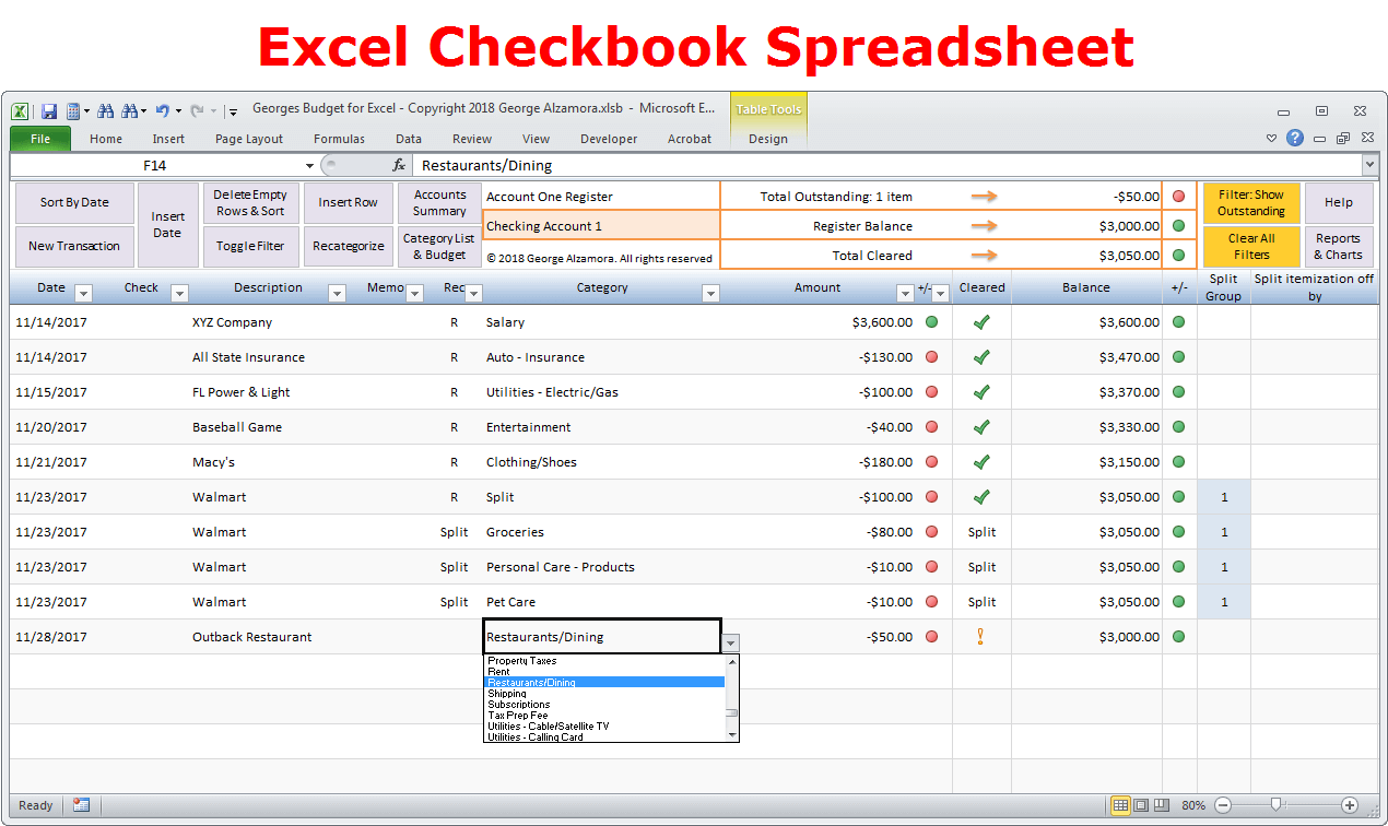 Bank Account Reconciliation Excel Checkbook Spreadsheet Software