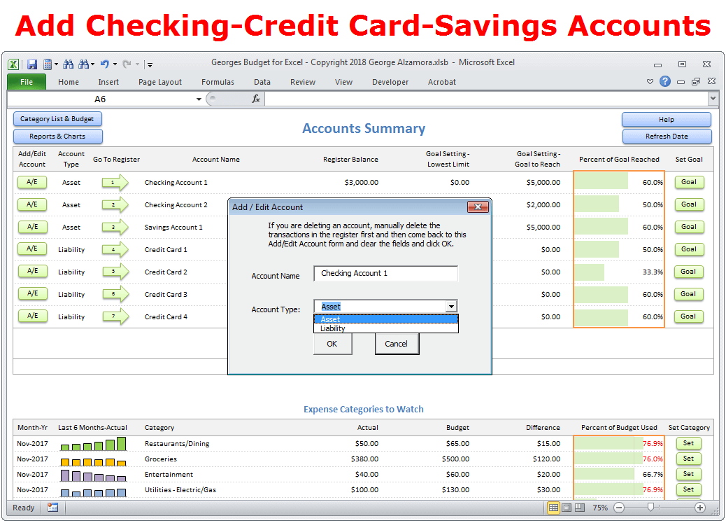 Budget software - add accounts - checking-credit card-savings