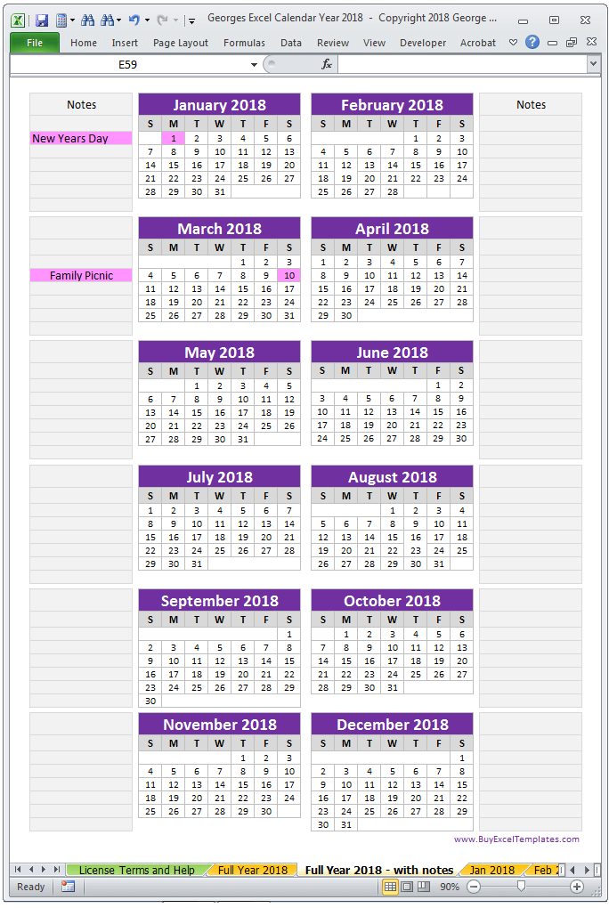  2018 calendar full year one page Excel spreadsheet
