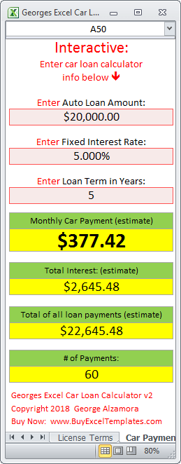 Car payment calculator for auto loan financing - Excel spreadsheet