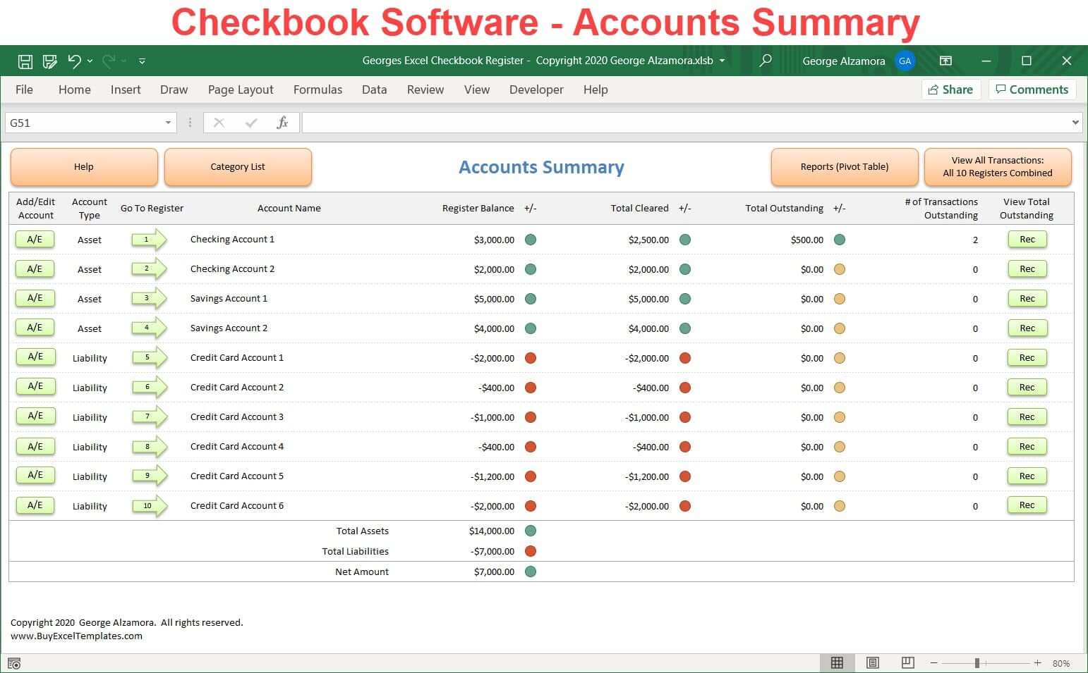 Checkbook Program Excel Checkbook Register Template: Categories Reconciliation Spending ...