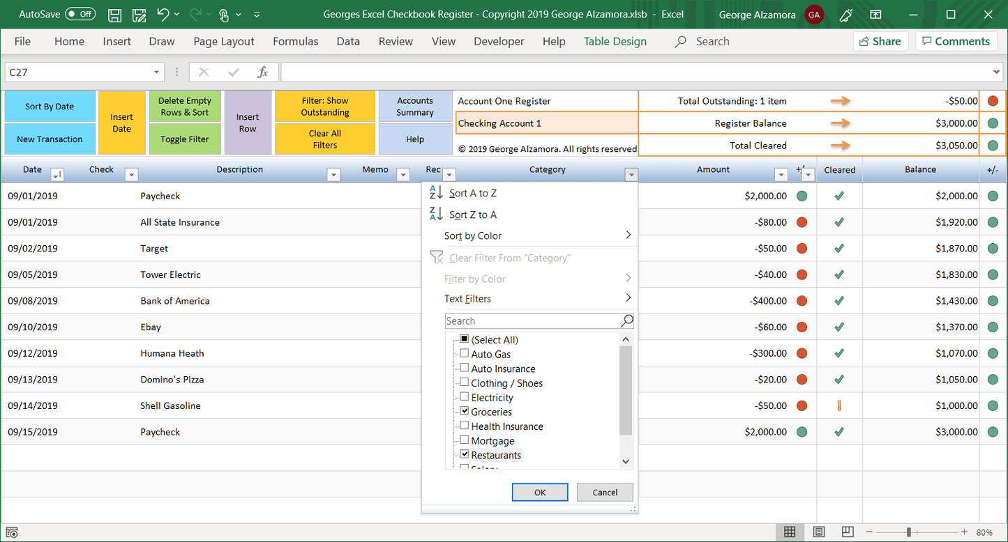 checkbook register for home money management