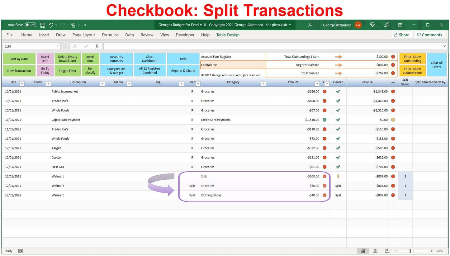 Checkbook Register Split Expenses
