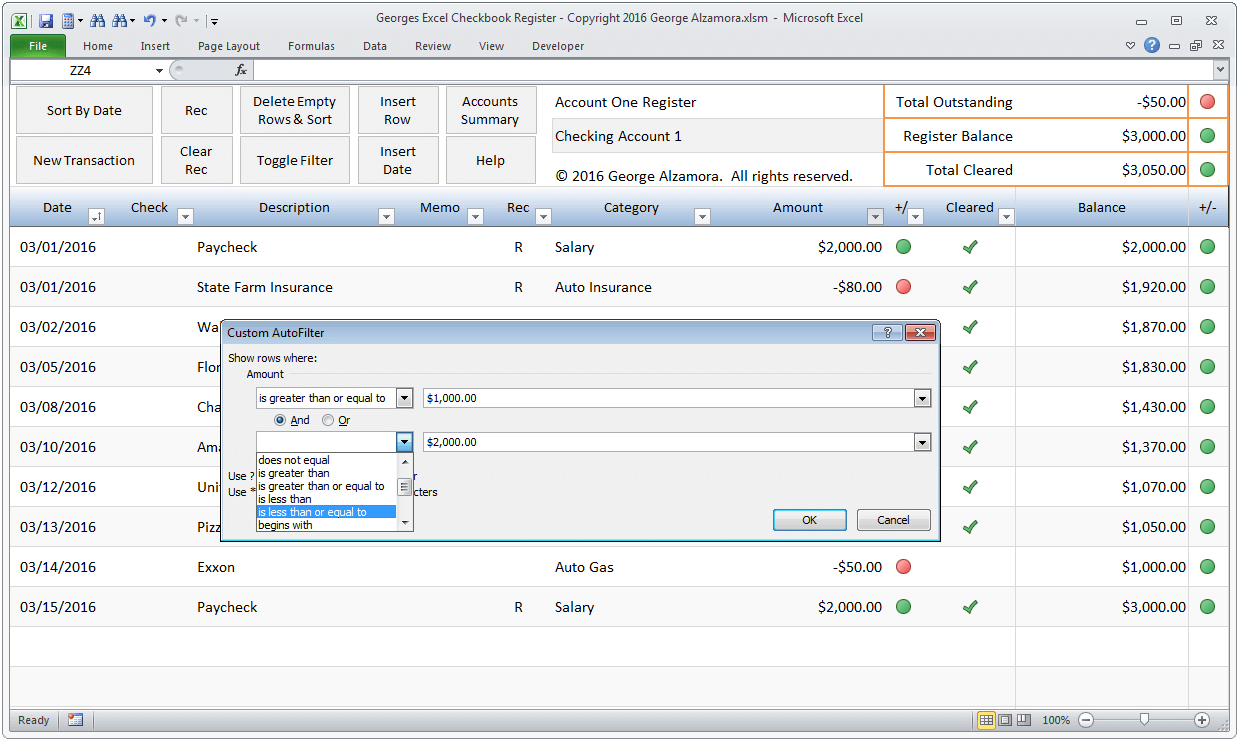 Checkbook register spreadsheet filtering by amount