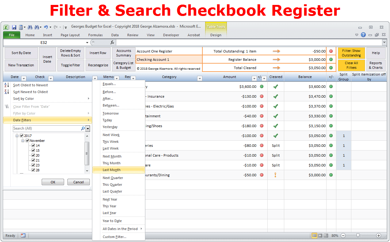 Checkbook Software Filter Search Transactions
