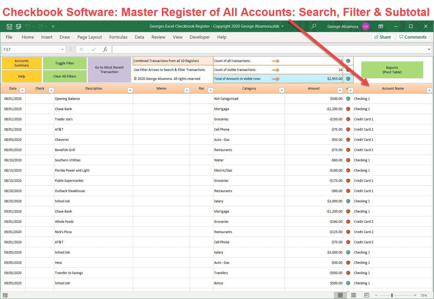 Checkbook software with categories