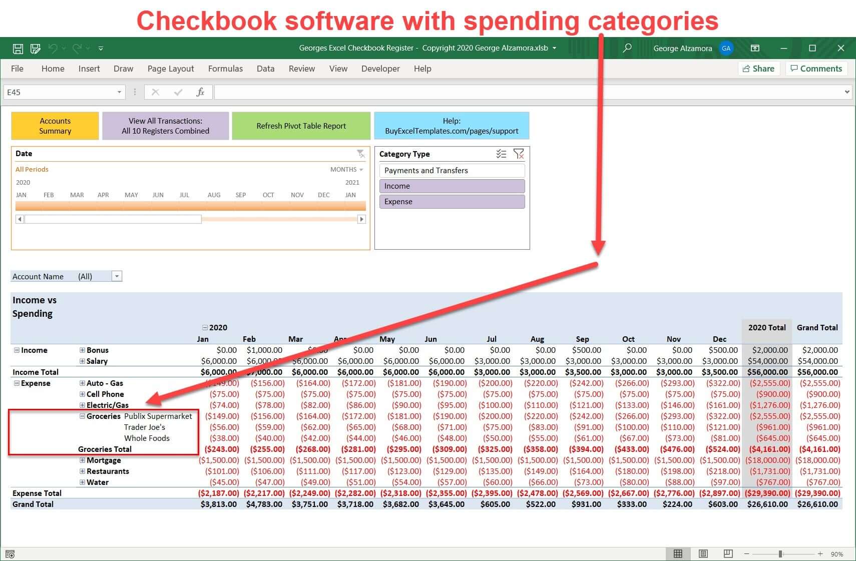 Excel checkbook with spending categories