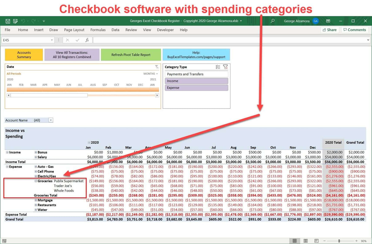 Excel Checkbook Register Template Categories Reconciliation Spending
