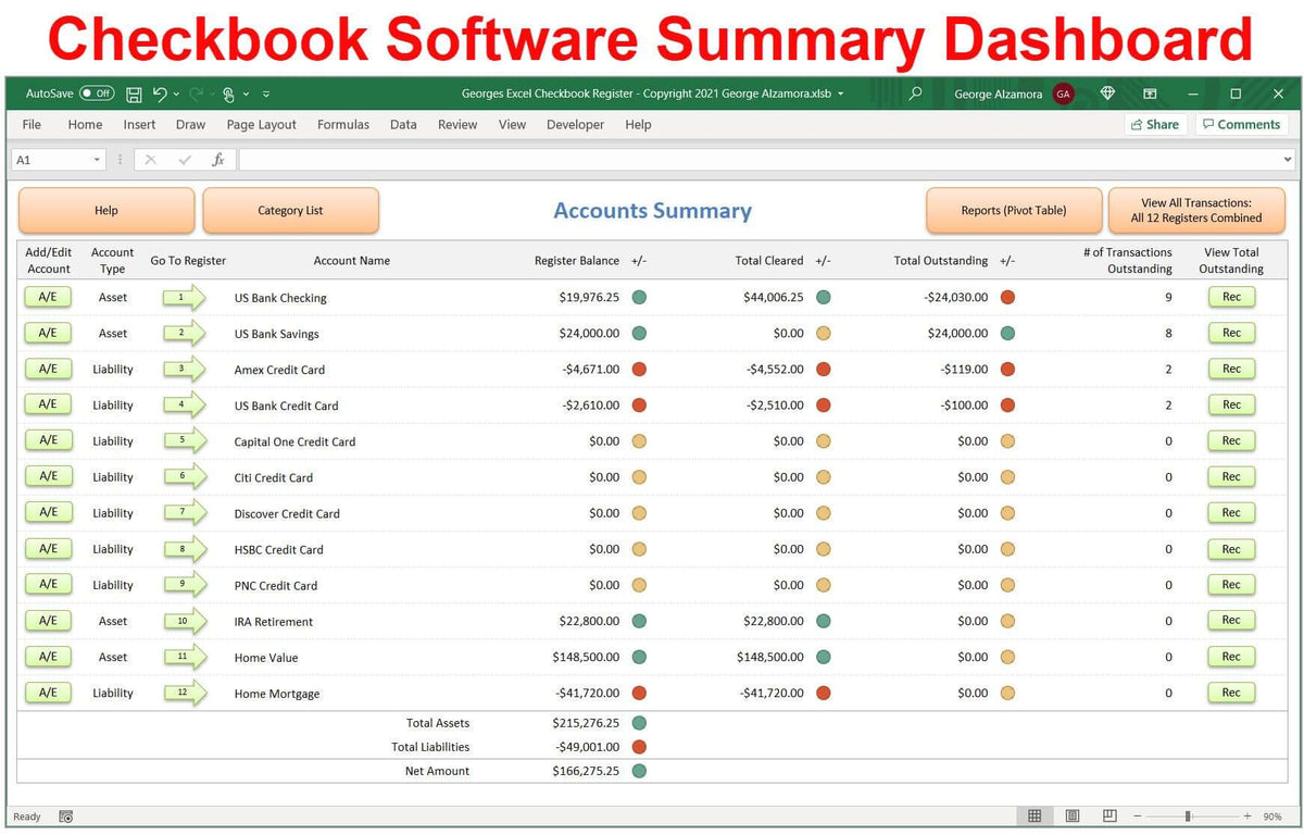 Computer Checkbook Excel Checkbook Spreadsheet with Spending Tracker for Windows PC / Mac ...