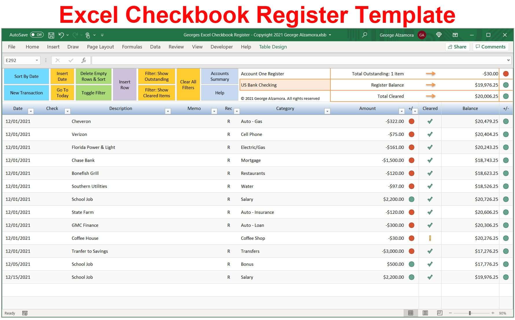 Checkbook Spreadsheet Template