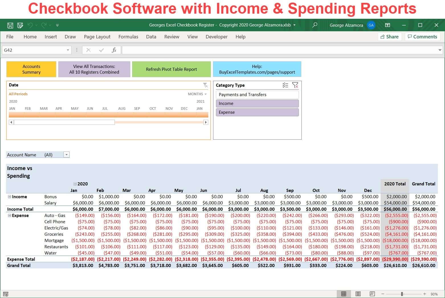 Checkbook Excel Excel Checkbook Register Template: Categories Reconciliation Spending ...