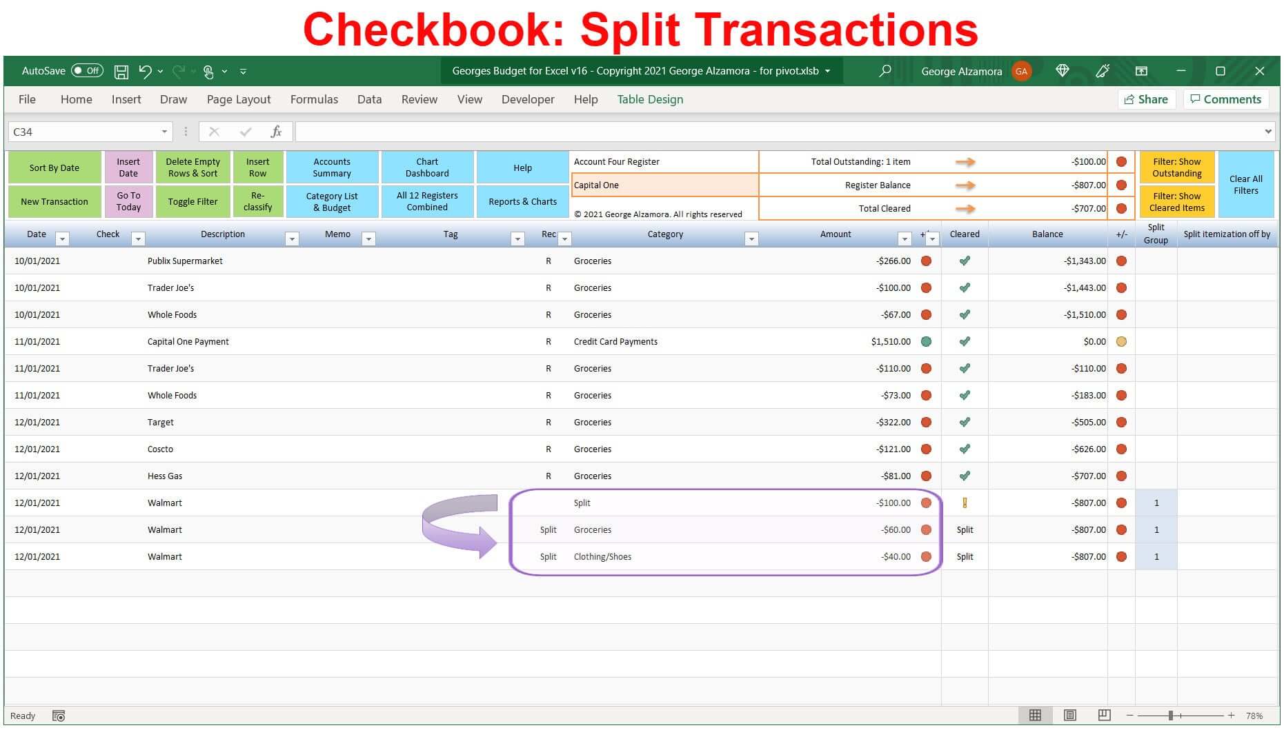 Checkbook with split transactions into multiple categories