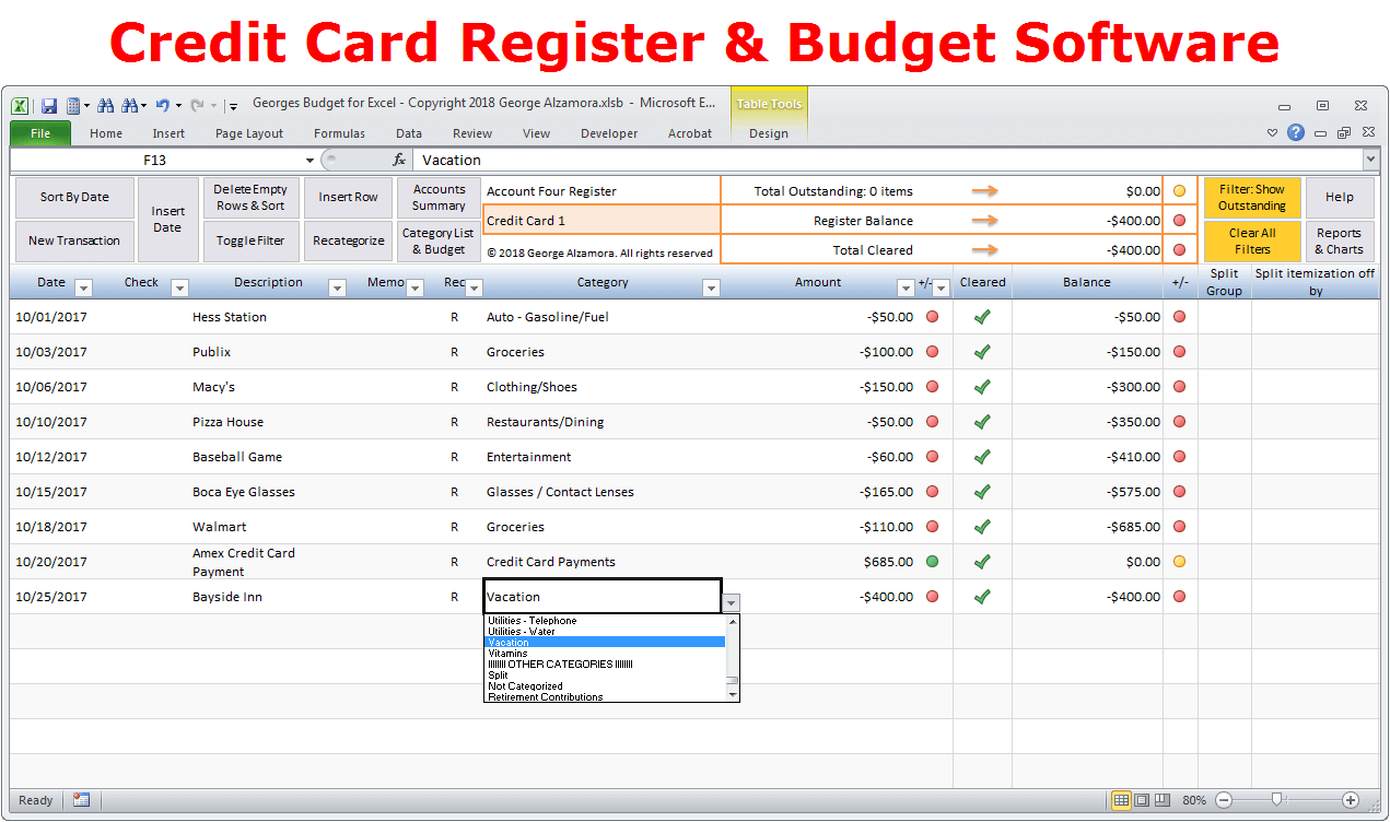 Credit card account register - budget spreadsheet