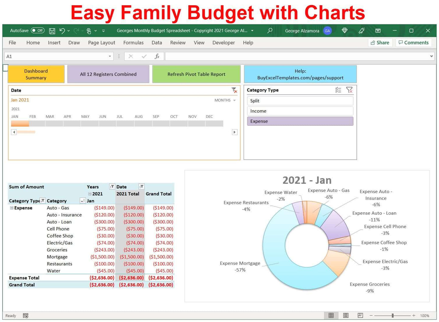 Easy family budget with charts and graphs