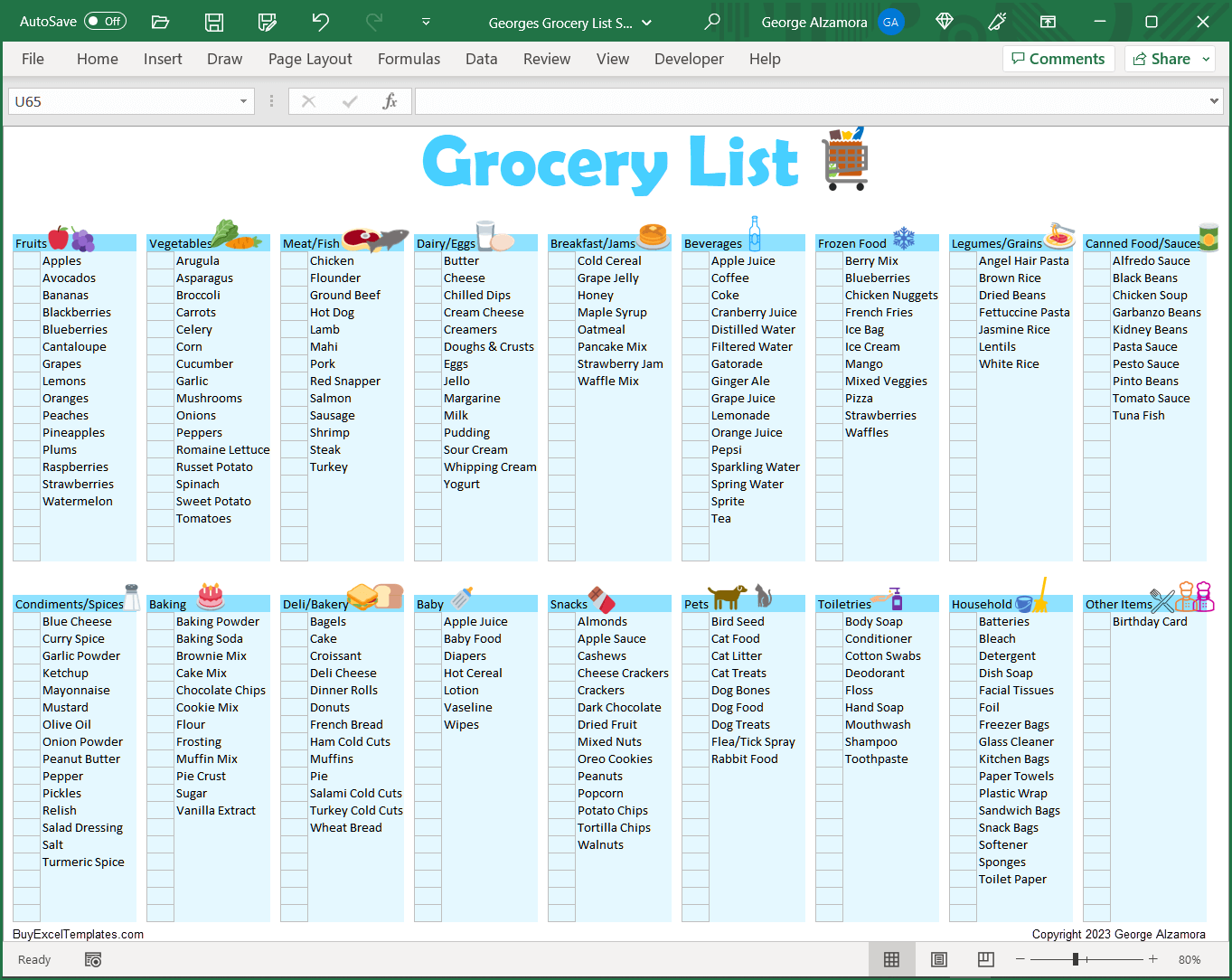 Grocery List Spreadsheet | Printable Food Shopping Planner