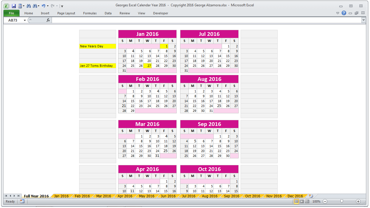 Excel 2016 calendar spreadsheet - add holidays