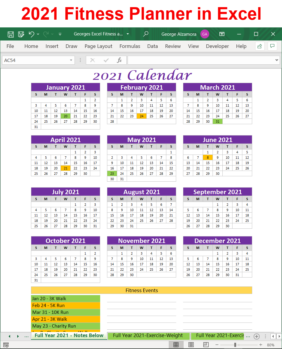 Excel 2021 full-year fitness calendar
