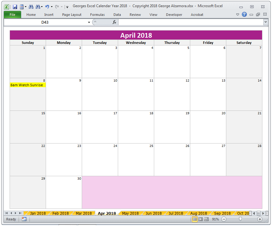 Excel April 2018 Monthly Calendar Spreadsheet Printable