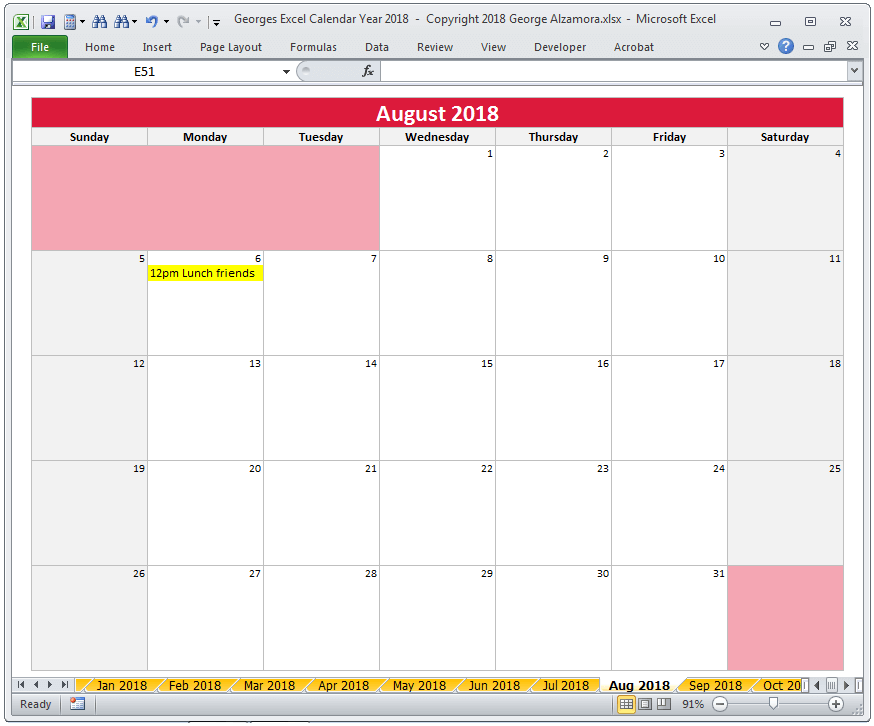 Excel August 2018 Monthly Calendar Spreadsheet Printable