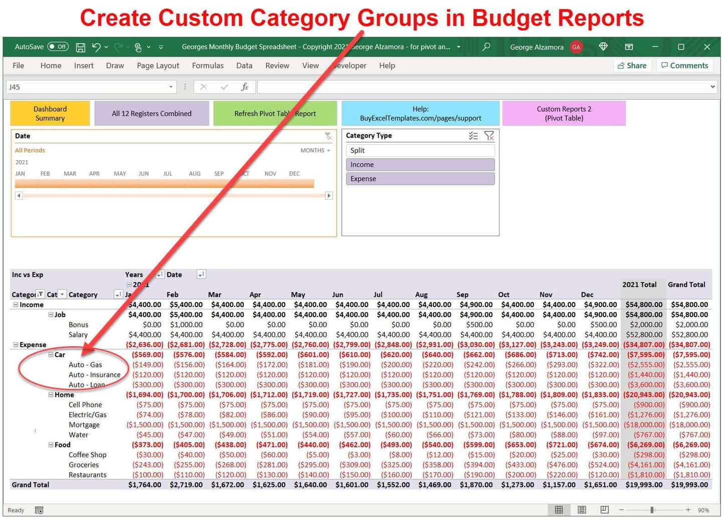Personal budgeting categories and sub-categories spreadsheet