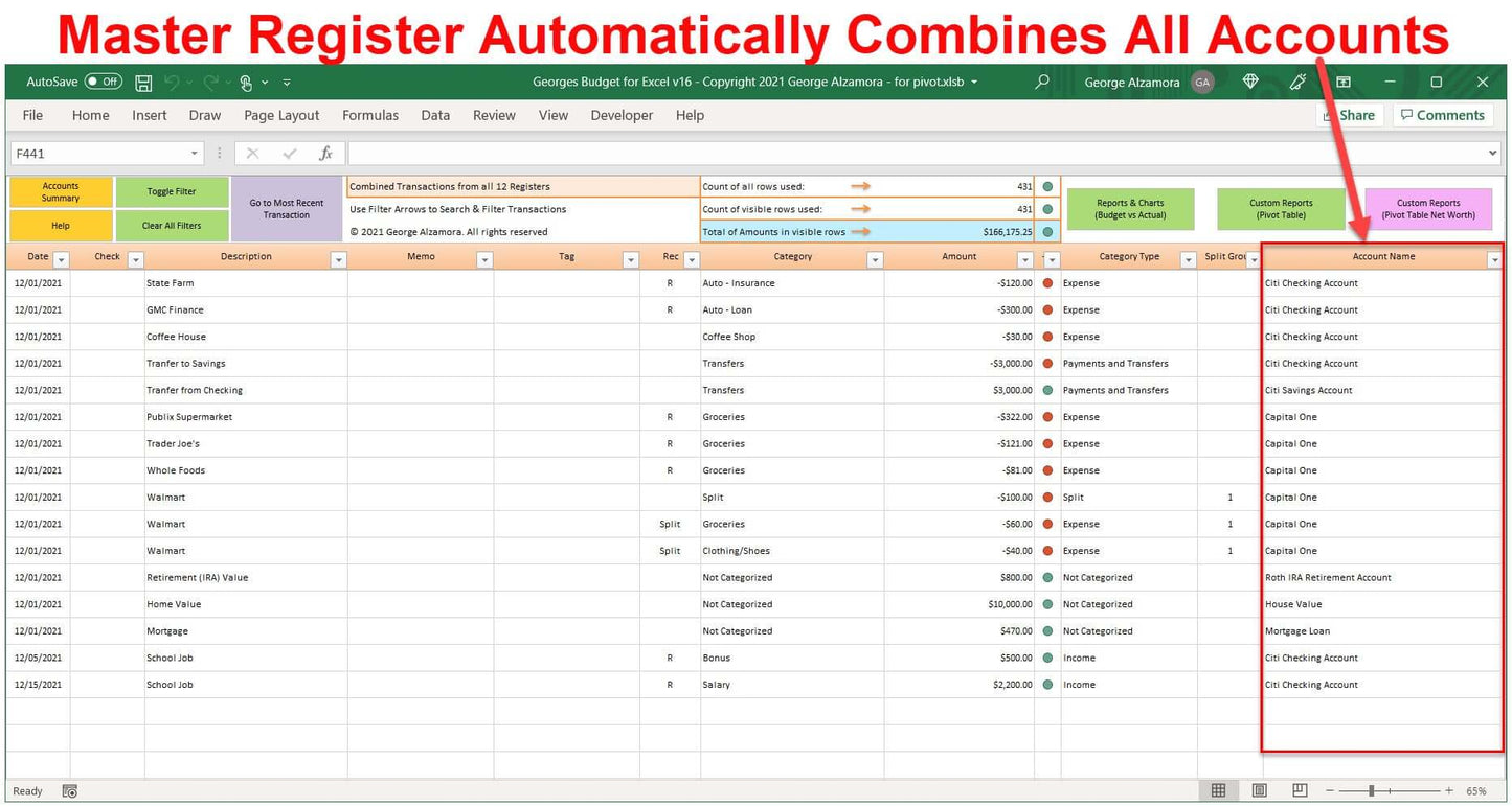 Excel checkbook credit card registers combined