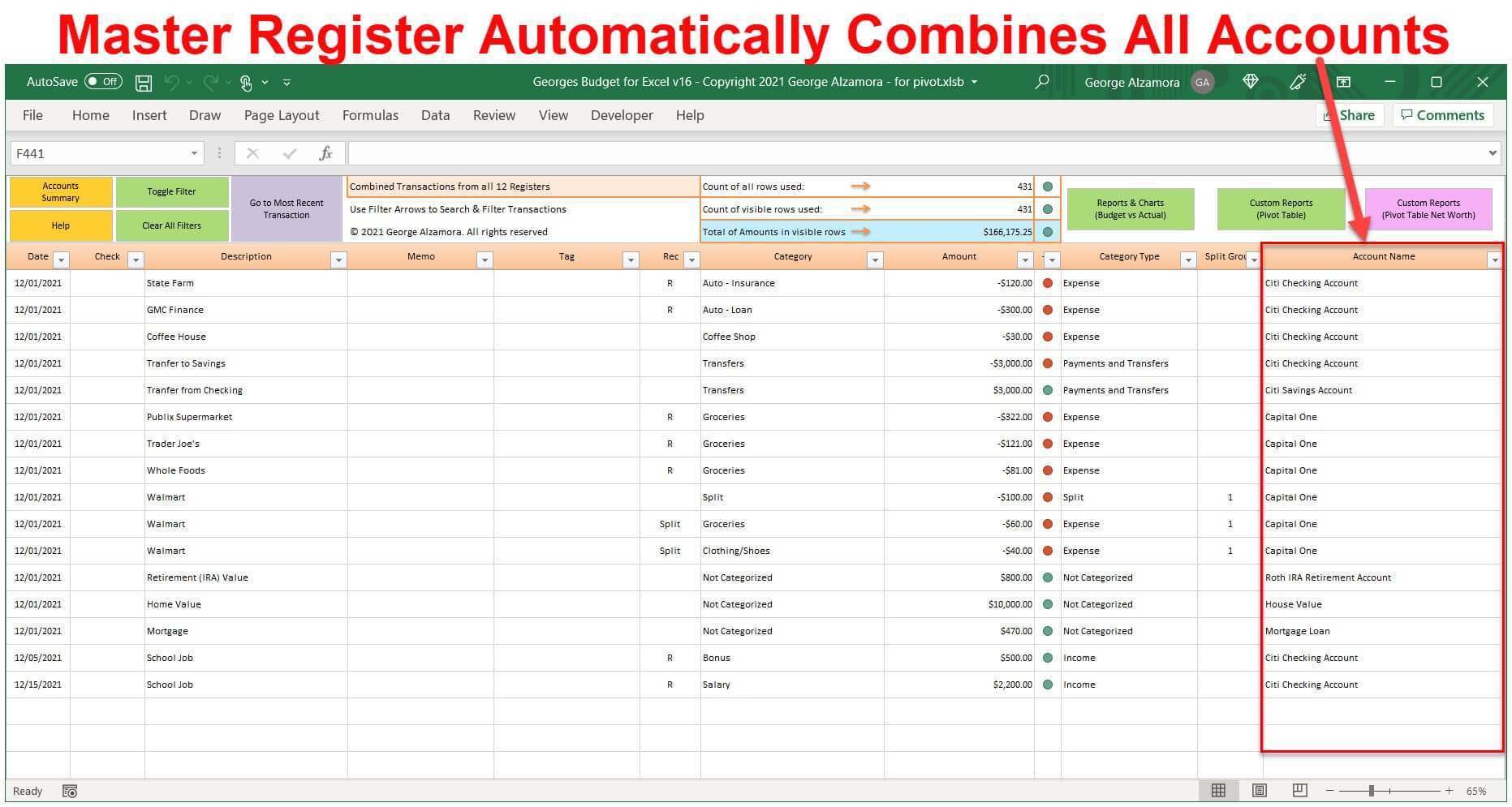 Excel checkbook credit card registers combined